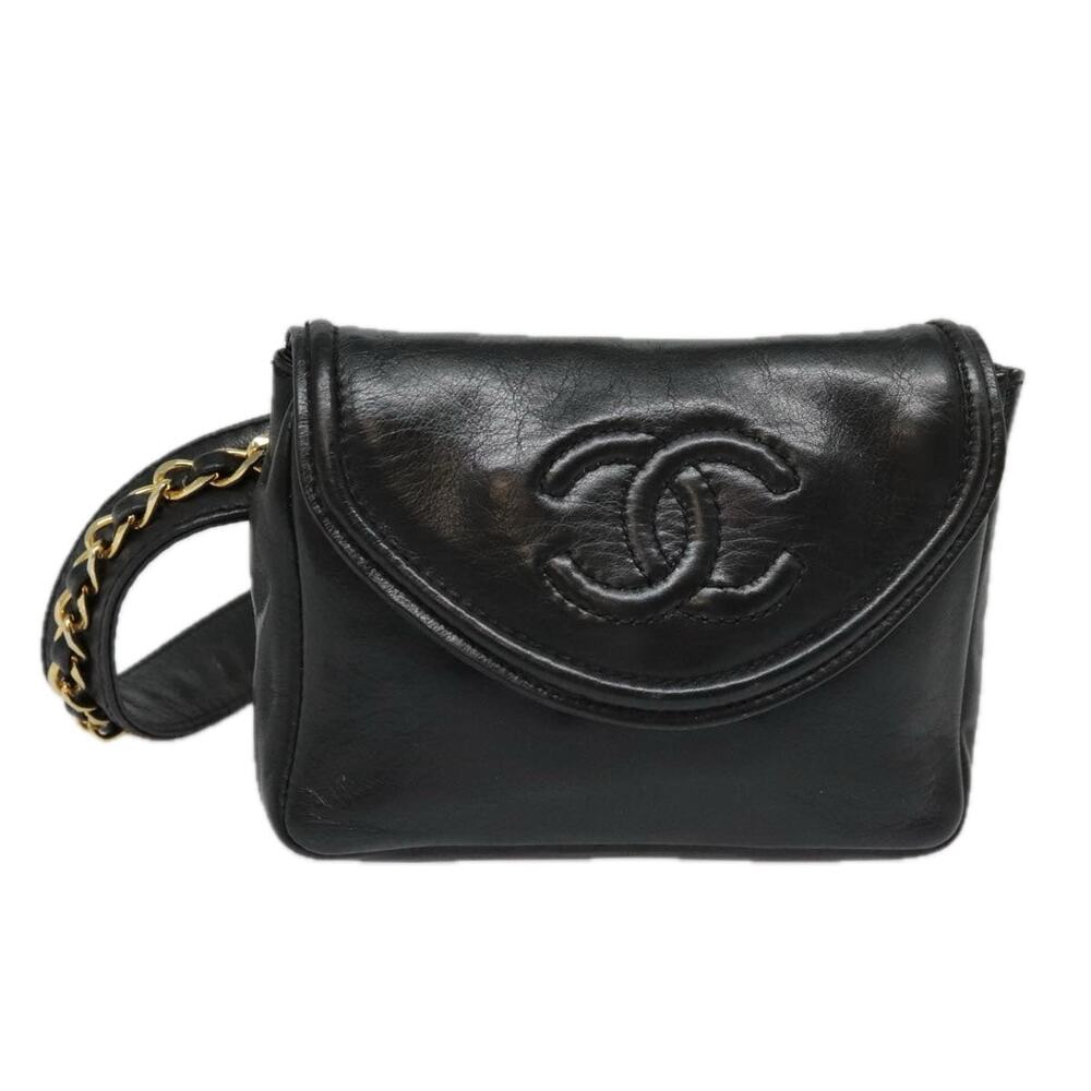 CHANEL Chain Waist Bag Lamb Skin Black Gold CC